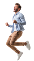 Handsome man with excited smile he is run in air, Full length, side view isolate on transparent background png