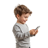 Happy smiling little boy using smart phone, standing side view isolate on transparent background png