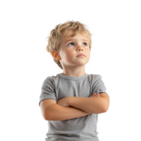 Little boy thinking and looking at empty space, standing front view isolate on transparent background png