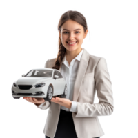 Smiling young businesswoman holding car model with hand pointing at empty space front view isolate on transparent background png