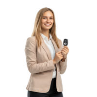Smiling business woman holding a car key, standing side view isolate on transparent background png