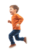 Little boy with excited smile he is run in air, Full length, side view isolate on transparent background png