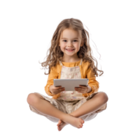 Happy little girl sitting cross-legged in the air using tablet, front view isolate on transparent background png