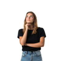 Female customer thinking and looking at empty space, standing front view isolate on transparent background png