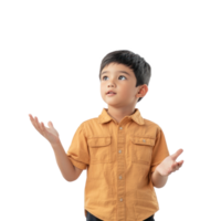 Young little boy student hand present something at copy space, standing front view isolate on transparent background png