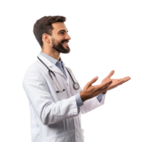 feliz sorridente masculino médico com mão presente alguma coisa esvaziar espaço, em pé lado Visão isolar em transparente fundo png