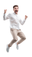 Handsome man with excited smile he is run in air, Full length, front view isolate on transparent background png