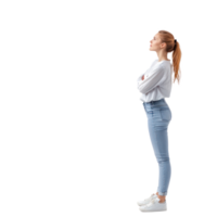 Female customer thinking and looking at empty space, standing side view isolate on transparent background png