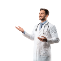 Happy smiling male doctor with hand present something empty space, standing isolate on transparent background png