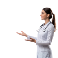 contento sorridente femmina medico con mano presente qualcosa vuoto spazio, in piedi lato Visualizza isolato su trasparente sfondo png