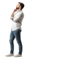 Male customer thinking and looking at empty space, standing side view isolate on transparent background png