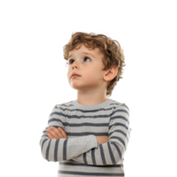 Little boy thinking and looking at empty space, standing front view isolate on transparent background png