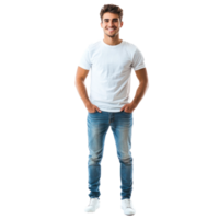 Smiling young man standing with hands in pockets, standing front view isolate on transparent background png