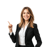 Happy smiling business woman in suit with hand pointing at empty space, standing isolate on transparent background png