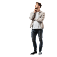 Male customer thinking and looking at empty space, standing isolate on transparent background png