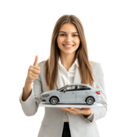 Smiling young businesswoman holding car model with hand pointing at empty space, standing front view isolate on transparent background png