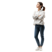 Female customer thinking and looking at empty space, standing front view isolate on transparent background png