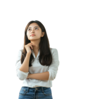 Female customer thinking and looking at empty space, standing isolate on transparent background png