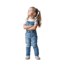 Little girl thinking and looking at empty space, standing isolate on transparent background png
