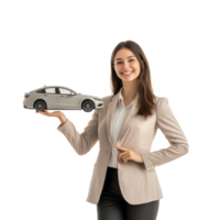 Smiling young businesswoman holding car model with hand pointing at empty space, standing side view isolate on transparent background png