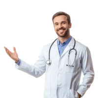 feliz sorridente masculino médico com mão presente alguma coisa esvaziar espaço, em pé isolar em transparente fundo png
