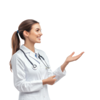 Happy smiling female doctor with hand present something empty space, standing side view isolate on transparent background png