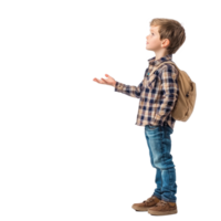 Young little boy student hand present something at copy space, standing side view isolate on transparent background png