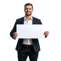 Smiling young businessman hold and show white advertising board, standing front view isolate on transparent background png