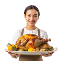 Smiling woman holding a tray with roasted turkey for thanksgiving, standing front view isolate on transparent background png