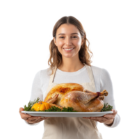 Smiling woman holding a tray with roasted turkey for thanksgiving, standing front view isolate on transparent background png