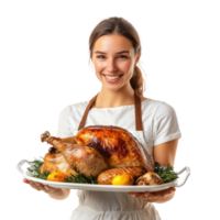 Smiling woman holding a tray with roasted turkey front view isolate on transparent background png