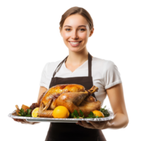 Smiling woman holding a tray with roasted turkey for thanksgiving, standing isolate on transparent background png