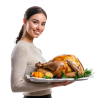 Smiling woman holding a tray with roasted turkey for thanksgiving, standing side view isolate on transparent background png