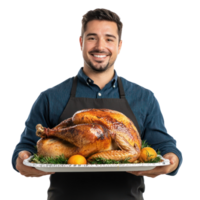 Smiling man holding a tray with roasted turkey for thanksgiving, standing front view isolate on transparent background png