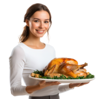 Smiling woman holding a tray with roasted turkey side view isolate on transparent background png
