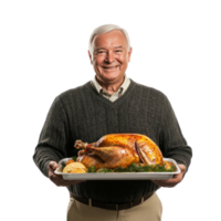 Smiling senior man holding a tray with roasted turkey for thanksgiving, standing front view isolate on transparent background png