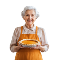Smiling senior woman holding pumpkin pie for thanksgiving, standing front view isolate on transparent background png
