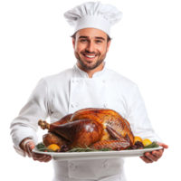 Smiling chef holding a tray with roasted turkey for thanksgiving, standing isolate on transparent background png