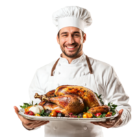 Smiling chef holding a tray with roasted turkey for thanksgiving, standing isolate on transparent background png