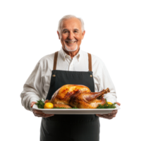Smiling senior man holding a tray with roasted turkey for thanksgiving, standing front view isolate on transparent background png