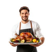 Smiling man holding a tray with roasted turkey for thanksgiving, standing isolate on transparent background png