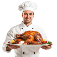 Smiling chef holding a tray with roasted turkey for thanksgiving, standing isolate on transparent background png