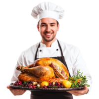 Smiling chef holding a tray with roasted turkey for thanksgiving, standing isolate on transparent background png