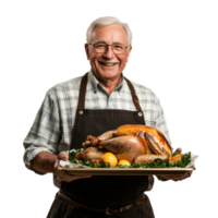 Smiling senior man holding a tray with roasted turkey for thanksgiving, standing front view isolate on transparent background png