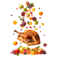 Roasted turkey with apples, grapes, orange and fruit falling in the air isolate on transparent background png