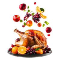 Roasted turkey with apples, grapes, orange and fruit falling in the air front view isolate on transparent background png