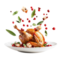 Roasted turkey garnished with red berries and sage leaves, falling in the air into plate isolate on transparent background png