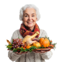 Happy senior woman celebrating thanksgiving, standing isolate on transparent background png