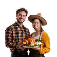 Happy couple celebrating thanksgiving, standing front view isolate on transparent background png