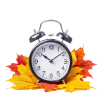 Alarm clock on colorful autumn leaves front view isolate on transparent background png